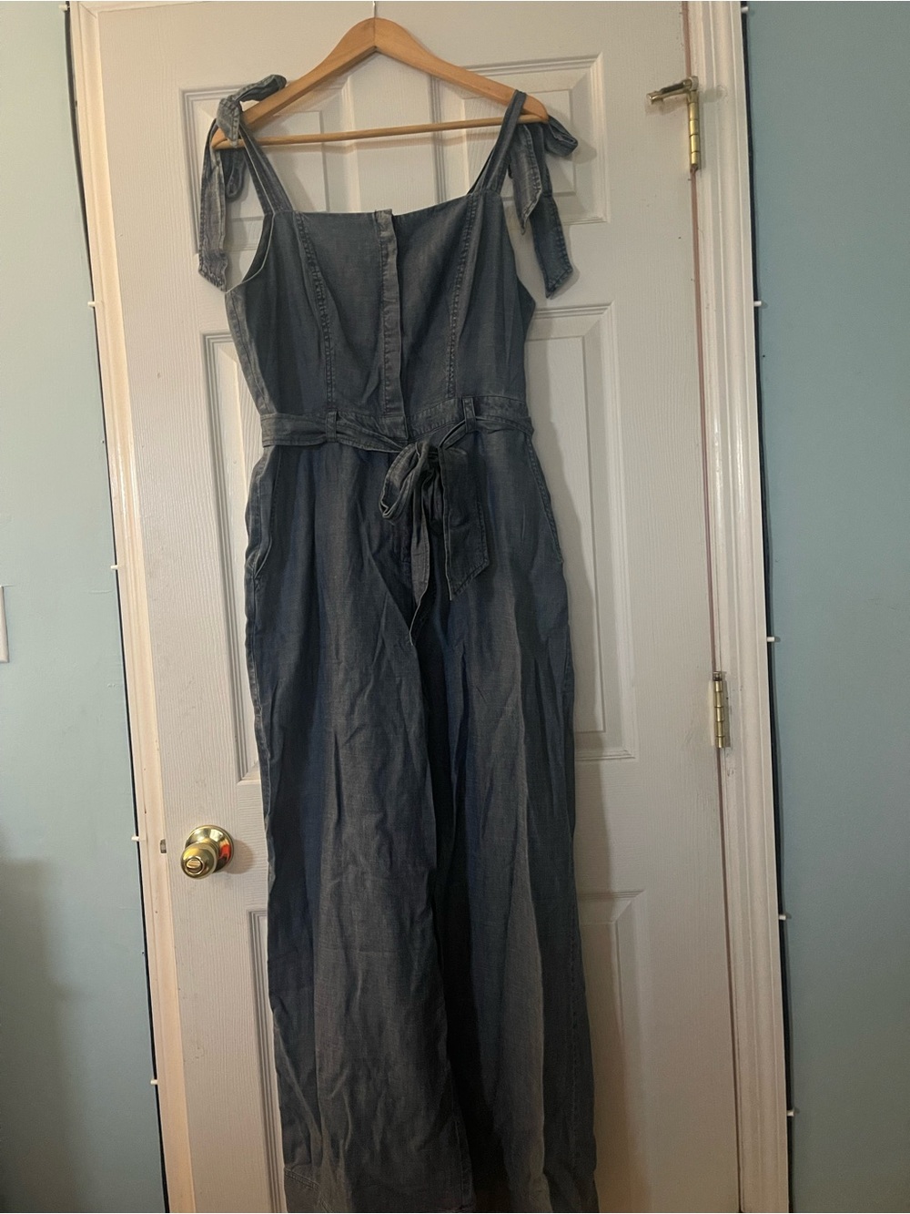 Trina Turk Pago Pago Denim Tie-Shoulder Jumpsuit in Light Blue Chambray